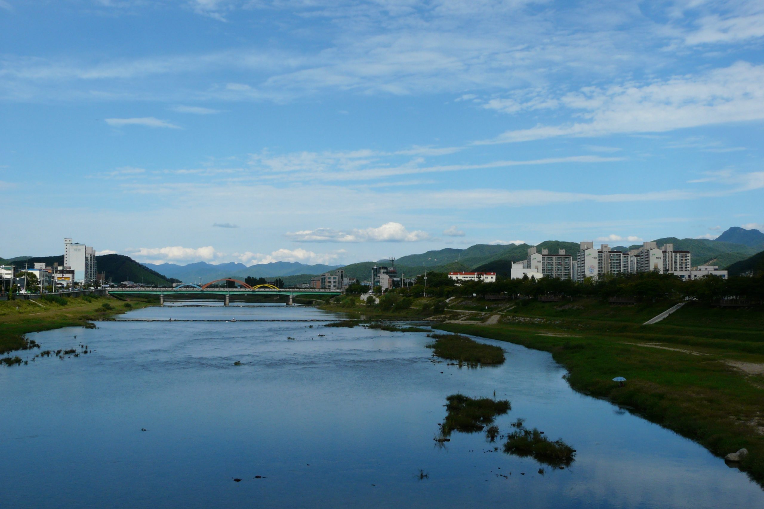 River with bridge and city buildings on either side